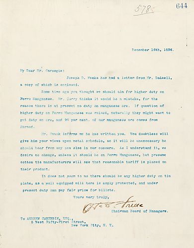 Frick writes on including a letter from Mr. Dalzell, and on Mr. Curry thinking it would be a mistake to aim for higher duty on Ferro Manganese