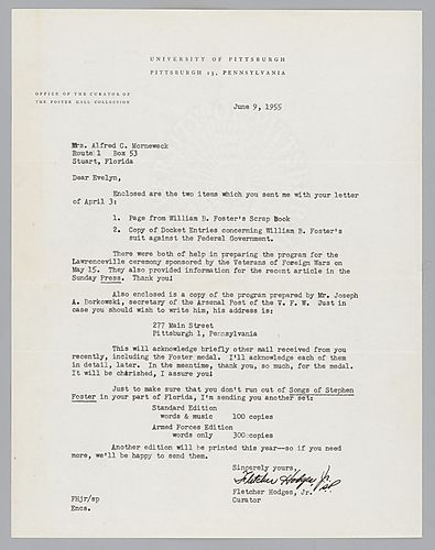 Letter from Fletcher Hodges, Jr., to Evelyn Morneweck
