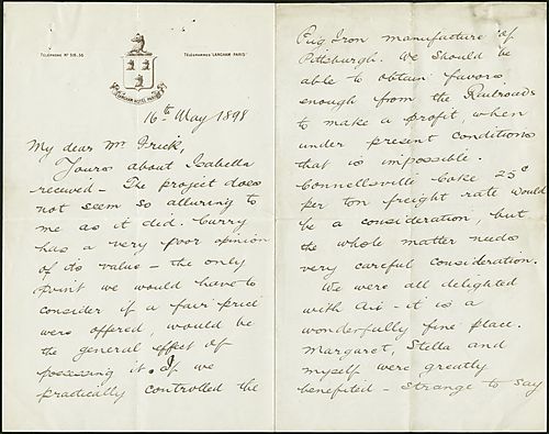 Writing from Paris, France, Carnegie discusses with Frick how purchasing the Isabella furnace at this time is impossible under current conditons and how he and his family greatly enjoyed his trip to Aix