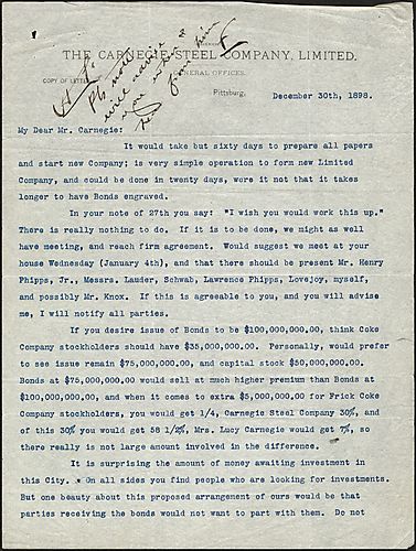 Writing from Pittsburgh, Frick discusses meeting with all the partners for possibly starting a new branch company and the purchasing and division of bonds for the investment