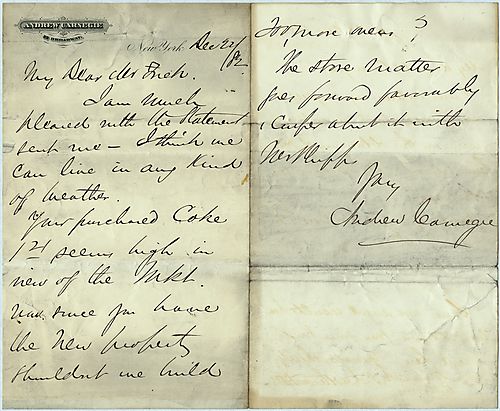 Writing from New York, Carnegie acknowledges the receipt of a statement and proceeds by inquiring about the high purchase price of coke