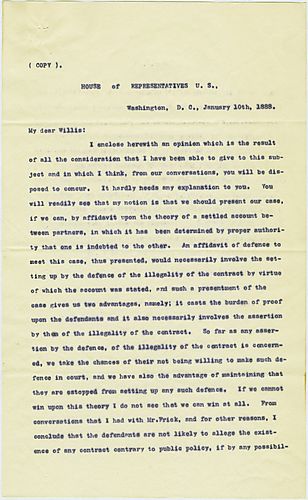 Writing from Washington D.C., John Dalzell advises that as plaintiffs, the Frick Coke Company should argue that a written contract was made illegally, in the lawsuit against Col. Schoonmaker. On the reverse side of page 2--written note on the back of a le