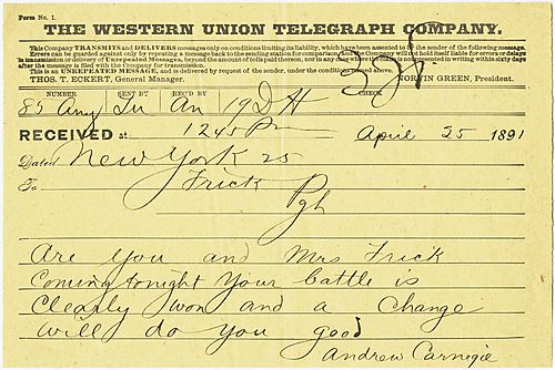 In a wire from New York, Carnegie asks if Frick and family are coming to New York after the lastest worker's strike