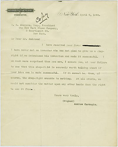 Writing from New York, Carnegie tells Mr. W.C. Andrews that he will not use his invention unless he can use it for free