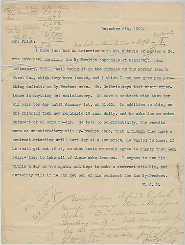 Mr. W.C.M. explains to Frick the situation concerning a Mr. Guthrie breaking his contract on by-product coke with his current customer and making a new one with Frick. In a written note on the letter from W.C.M., Carnegie discusses the prices of coke and 