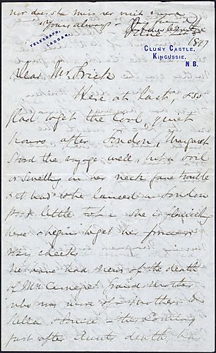 Writing from Kinguissie, Scotland, Carnegie tells Frick about his family including his newborn daughter, Margaret and his own health. He also describes how the death of his wife's grandmother has affected the family and Carnegie extends a visit to the Fri