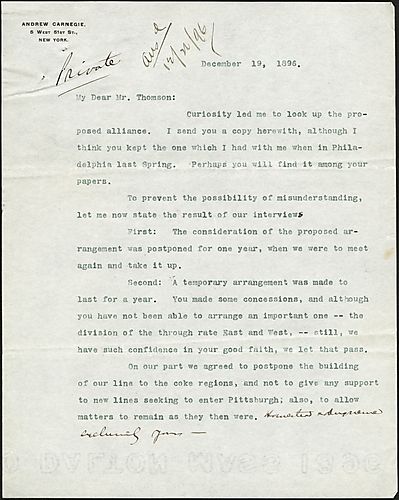 Writing from New York, Carnegie discusses the terms of a business agreement made earlier in the year with the Pennsylvania Railroad. In a post-script written on a copy of a letter to Mr. Thomson, Carnegie informs Frick not to antagonize the Pennsylvania R