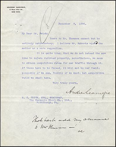 Writing from New York, Carnegie informs Frick that the purpose of a new railroad line is to get competitive rates for the company