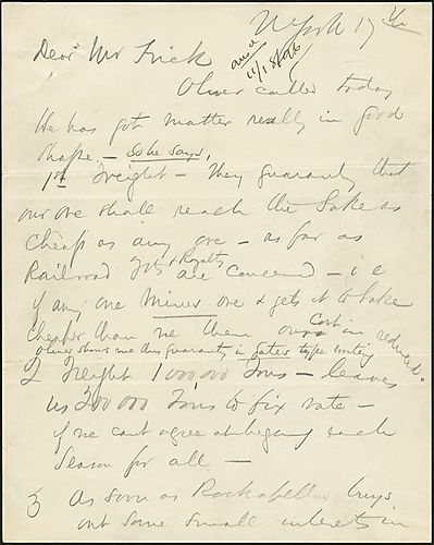 Writing from New York, Carnegie discusses various matters with Frick, including the cost of freights for ore and the division of costs on a loan from a lease on iron mines in Missouri