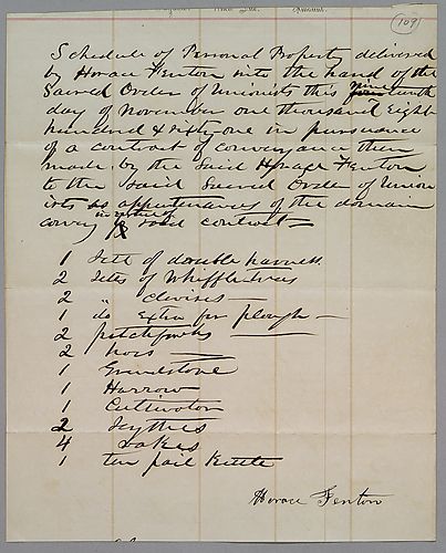 Schedule of personal property delivered by Horace Fenton to the Sacred Order of Unionists