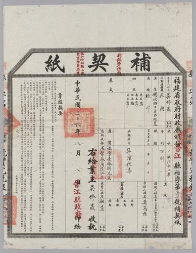Owner: 吳修晟 [WU Xiusheng] -- Place: 福建省晉江縣 [Fujian Sheng Jinjiang Xian] -- Government