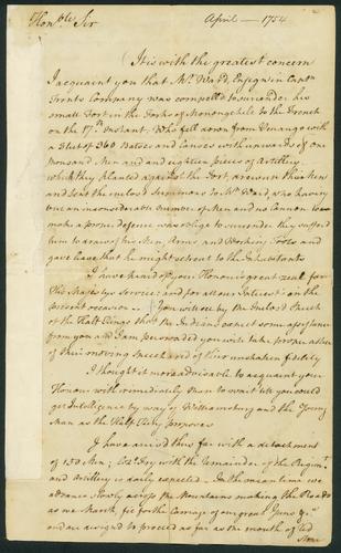 Letter written by George Washington (1732-1799) to James Hamilton (1710-1783), Lieutenant Governor of Colonial Pennsylvania. [Wills Creek]