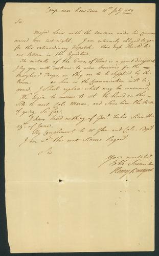 Letter written by Colonel Henry Bouquet (1719-1765) to George Washington (1732-1799). Camp near Reas Town