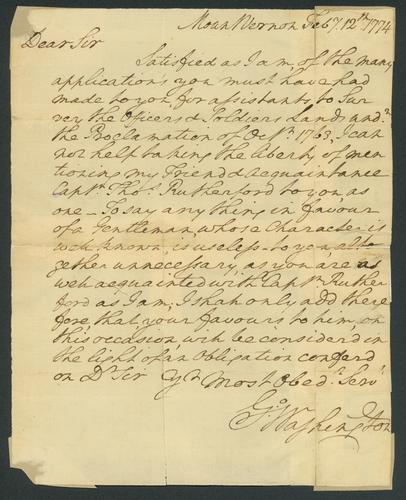 Letter written by George Washington (1732-1799), possibly to Colonel William Preston (1729-1783). Mount Vernon.