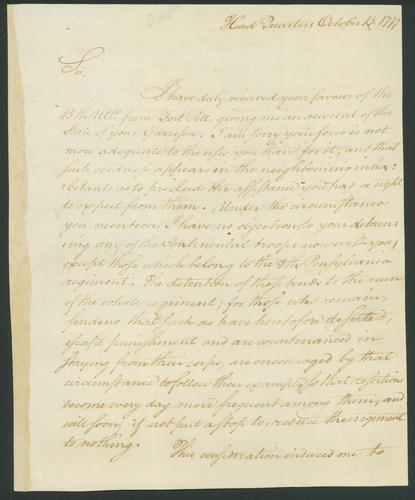 Letter signed by George Washington (1732-1799) to General Edward Hand (1744-1802). Head Quarters