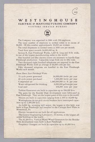 Westinghouse Electric & Manufacturing Company Visitors Service Bureau