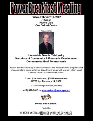 Hon. Dennis Yablonsky Secretary of Community and Economic Development - Commonwealth of PA