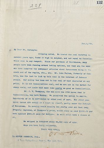 Frick writes on coke being tested that is less superior than Connellsville Coke, and mentions they permitted the option to expire in relation to Mr. J.V. Thompson's property in Connellsville