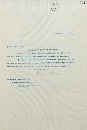 Frick writes on selling Carnegie's New York & Cleveland Gas Coal Co. Stock