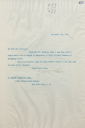 Frick writes on his promise to Mr. Thomson to write him of the extension of the Union Railway Co. to Allegheny River