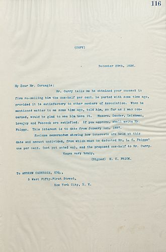 Frick writes on Mr. [Henry] Curry buying back his one-half percent that he previously sold. Frick includes memorandum on the individual ownership of company interest