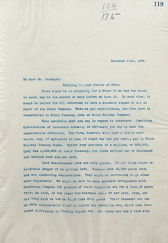 Frick writes Carnegie to discuss Union Railway Company bonds as well as ore and transportation costs