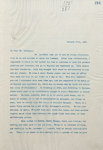 Frick writes on Mr. Leishman wanting to leave the company; Frick suggested he go to England and represent the company abroad