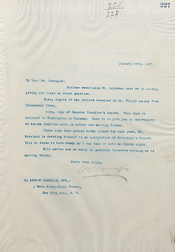 Frick encloses a memorandum from Mr. [John] Leishman, copies of letters from Lieutenant Stone to Mr. Phipps, and a copy of Senator Chandler's Report. Also, Mr. [A.M.] Moreland is working on an analyzation of Secretary's Report