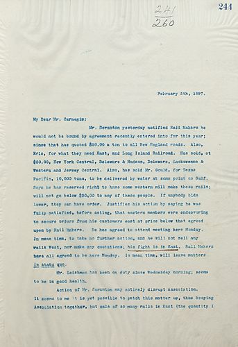 Frick writes Carnegie to outline an issue being raised by Mr. Scranton who made a price agreement regarding New England roads, but it selling at the same price to non-New England entities