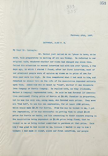 Frick writes on his talk with Mr. Mather about ore prices prior to Mather's meeting with the Ore Association