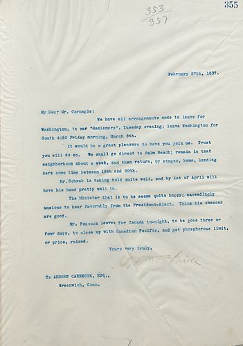 Frick writes on his trip to Palm Beach, [Fla.] via Washinton [D.C.] and asks Carnegie to join his party