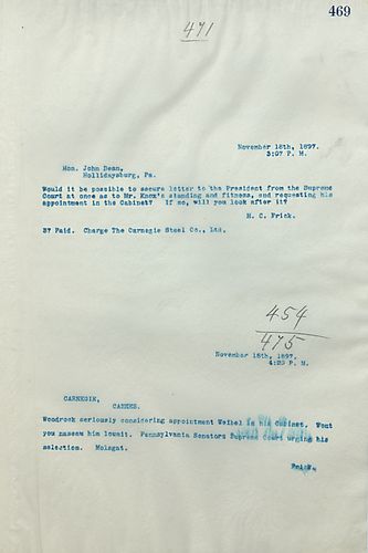 Frick writes that Woodrock is seriously considering appointing Weibel in his Cabinet