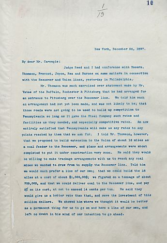 Frick writes Carnegie to discuss a conversation he had with Mr. Thomson over the need to build a road that Frick and Carnegie own, which made Thomson ask if his company could get a guaranteed price for transportation which Frick rejected