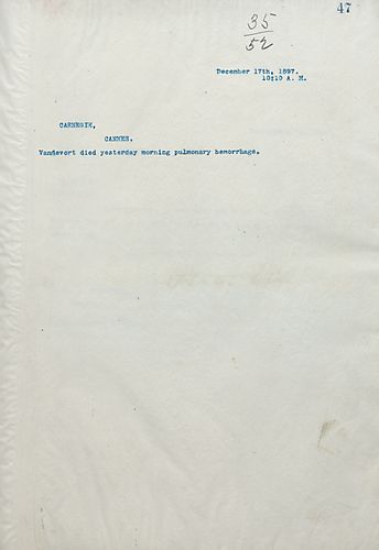 Frick wires Carnegie on Vandevort dying yesterday due to a pulmonary hemorrhage