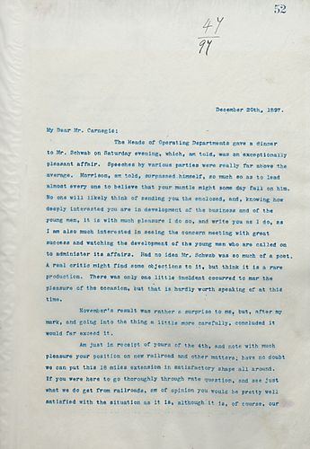 Frick writes on the Heads of Operating Department giving a dinner to Mr. [Charles] Schwab, and Frick encloses a letter from [J.T.] Odell to Judge [James] Reed