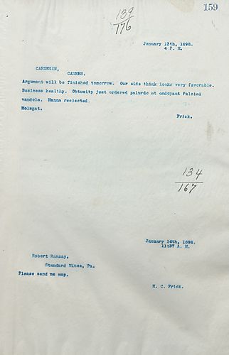 Frick wires Carnegie on their argument being finished tomorrow and their side looking favorable