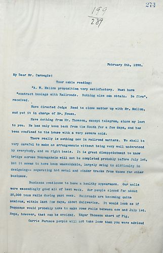 Frick writes Carnegie to tell him the deal with Mellon should be closed soon and to inform him there has been a shortage of rails and pig iron