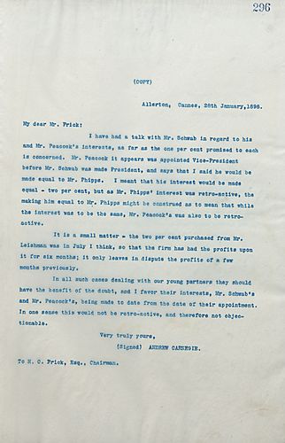 Frick writes Carnegie to mention the discrepency regarding the shares Peacock and Schwab have given their recently appointed positions as Vice-President and President respectively