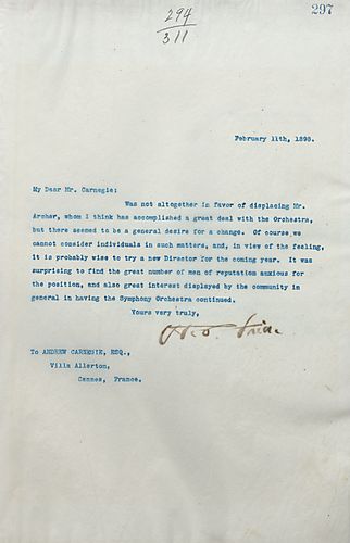 Frick writes on understanding the desire to replace Mr. Archer and find a new director for the symphony orchestra