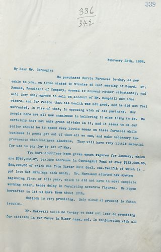 Frick writes on purchasing Carrie Furnances and on Mr. Bakewell informing him that the decision in the Mixer case doesn't look promising for them
