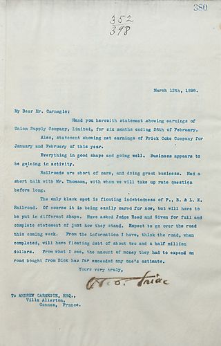 Frick includes statement showing earnings of Union Supply Company, Limited, for six months, and a statement showing net earnings of Frick Coke Company for January and February of 1898. Also, Frick writes on the indebtedness of P.,B. & L. E. Railroad