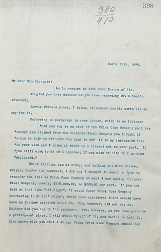 Frick writes on the Carrie Furnace plant being worth all that they pay for it and his regrets on Annual Report of Frick Coke Co. not as he would have liked