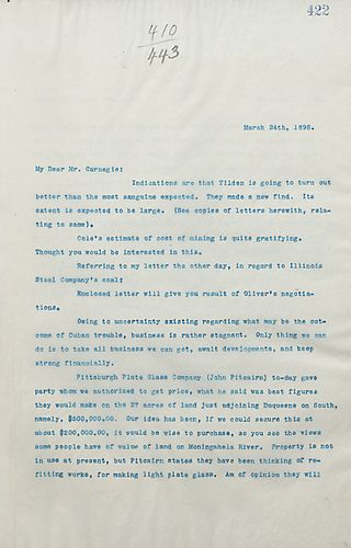 Frick writes that indications for Tilden are better than expected and mentions business they have with John Pitcairn and Pittsburgh Plate Glass Company