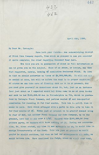 Frick writes on the Bessemer Road debt and the "Maine" being blown up in Cuba