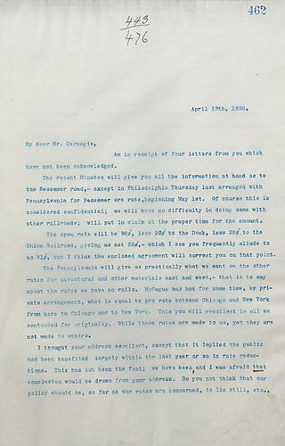 Frick writes on rate reductions, the the course of action for the debt of Bessemer Road, and confirms the corrections to the Frick Coke Company Annual Report