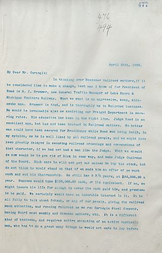 Frick writes Carnegie about the need to replace Dick with Grammer as President for the road in the Bessemer Railroad matter, he also wishes to keep the Judge Reed on as chairman seeing as he is well-liked