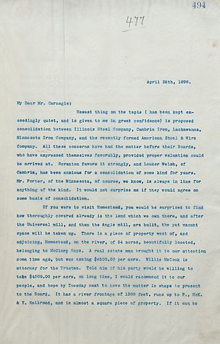 Frick writes on the proposed consolidation between Illinois Steel Co., Cambria Iron, Lackawanna, Minnesota Iron Co., and the American Steel & Wire Co., and also on possible land acquisition near Homestead