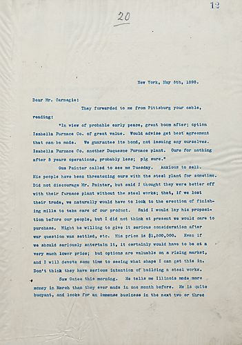 Frick writes Carnegie to tel him Gus Painter is anxious to sell, but at a higher price than he finds reasonable