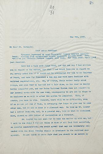 Frick writes on his conversation with Judge [James] Reed, and thinks that it would be better if Reed were Chairman of Board and have someone familiar with railroad negotations as President