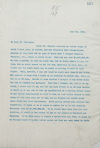 Frick thinks it would be unwise to buy Isabella Furnaces and writes on his purchase of 300 acres near Chicago, [Ill.]